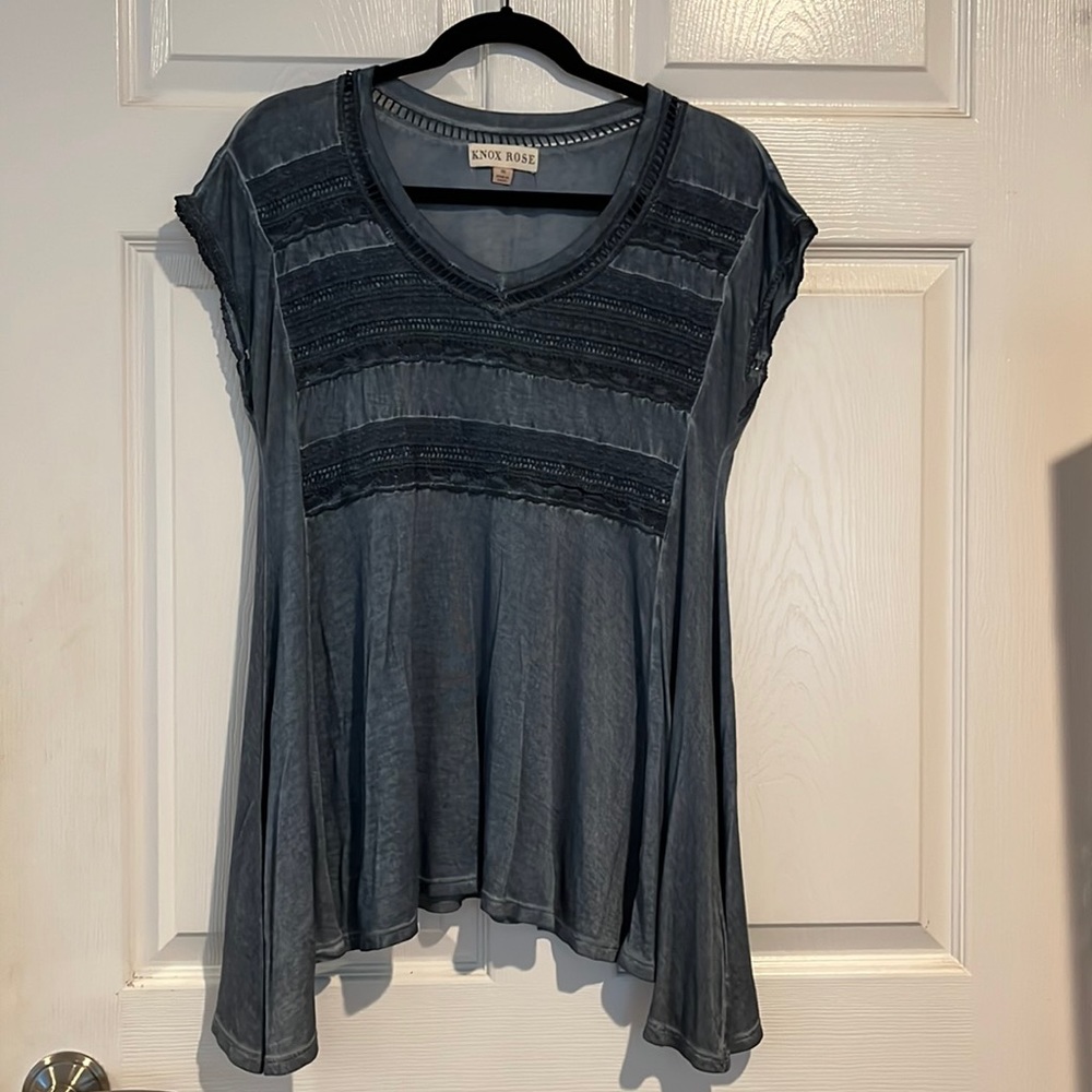 Knox Rose washed blue blouse/tunic with lace detail, size M